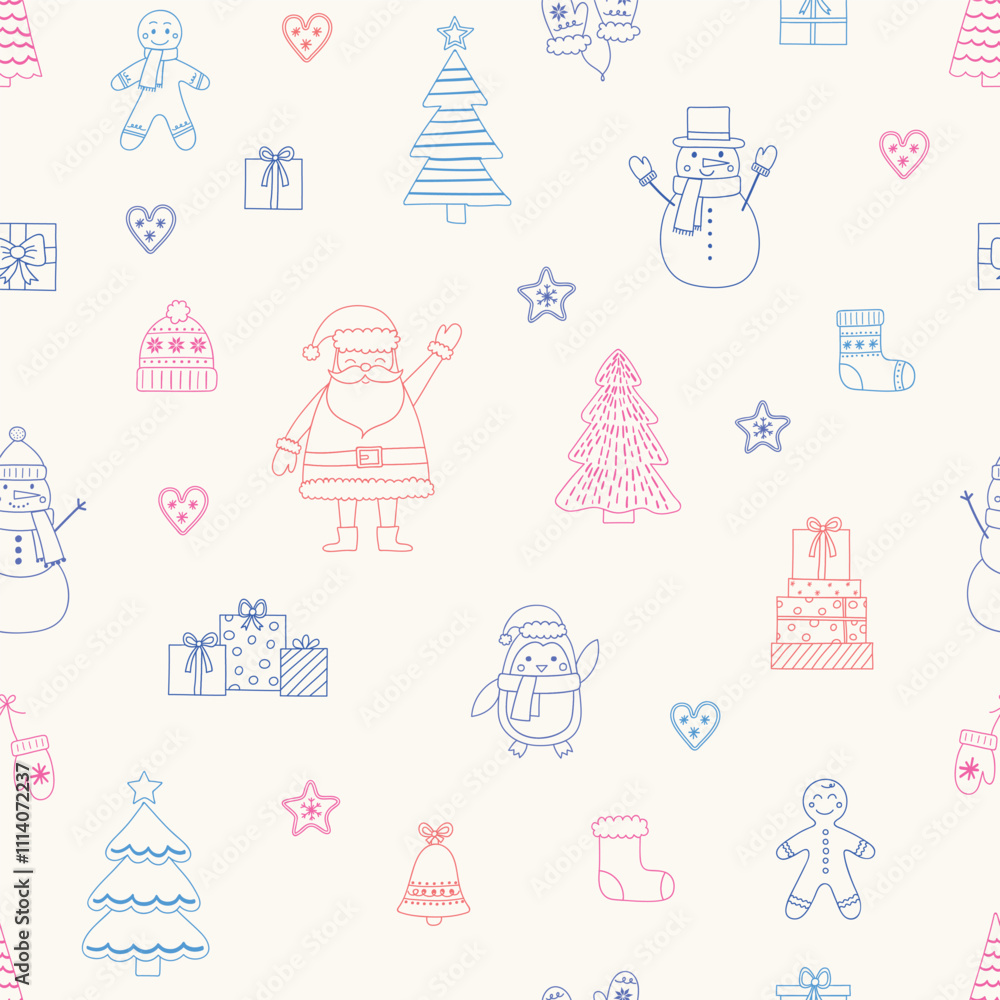 Christmas seamless pattern with cartoon characters and decorations. Vector illustration Christmas seamless pattern with cartoon characters and decorations. Vector illustration