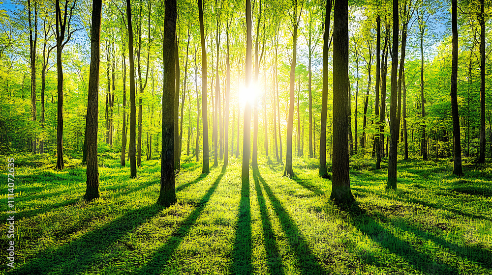 Fototapeta premium Serene sunlight streams through a lush green forest, casting long shadows on the vibrant undergrowth. Perfect for nature, environment, and serenity themes.