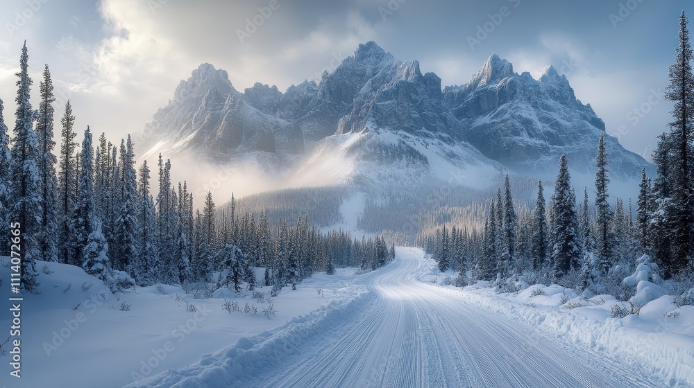 Winding mountain road covered in snow leads through stunning winter landscape with majestic peaks under a cloudy sky. Winding mountain road covered in snow leads through stunning winter landscape with majestic peaks under a cloudy sky.