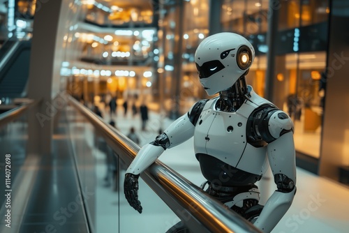 A humanoid robot leans against a railing in a modern, well-lit urban environment.