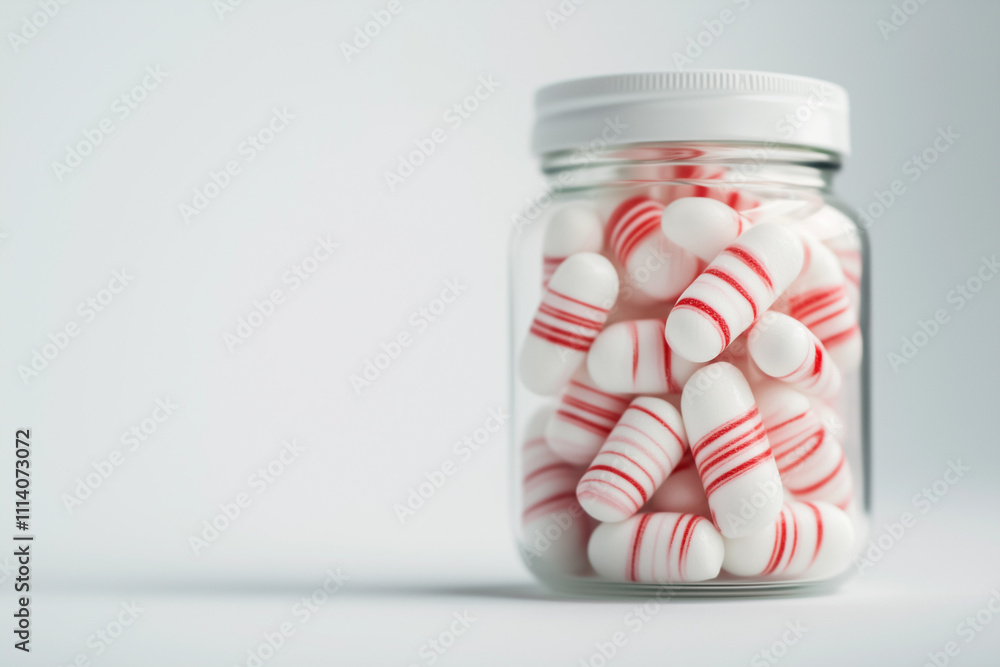 Christmas tablets caramel candy canes in a medicine jar on a white background. Christmas medication advertisement. Christmas tablets caramel candy canes in a medicine jar on a white background. Christmas medication advertisement.