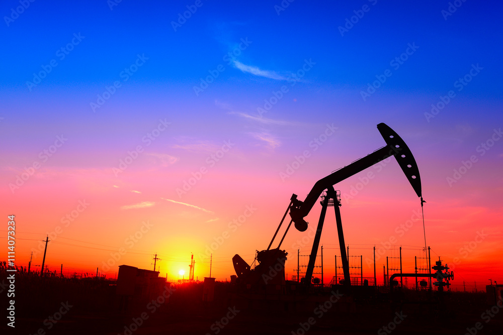 The pumping unit is working, in the silhouette of sunset The pumping unit is working, in the silhouette of sunset