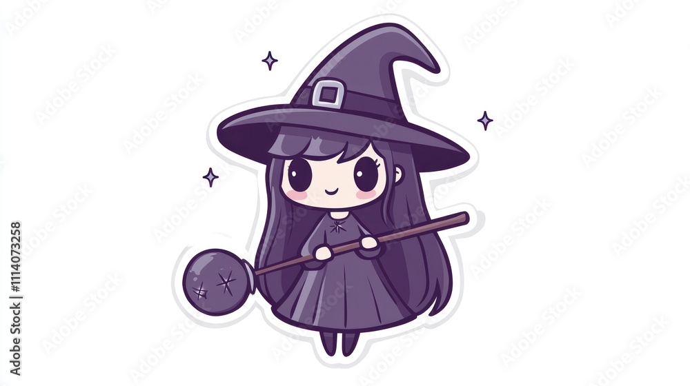 Sticker design of full body a cute Witch, on a white background, in a vector illustration style, using simple shapes, in the cute style, featuring a cute character, with a white border. Sticker design of full body a cute Witch, on a white background, in a vector illustration style, using simple shapes, in the cute style, featuring a cute character, with a white border.