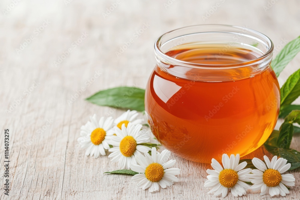 Honey jar with chamomile flowers creating a natural wellness atmosphere Honey jar with chamomile flowers creating a natural wellness atmosphere