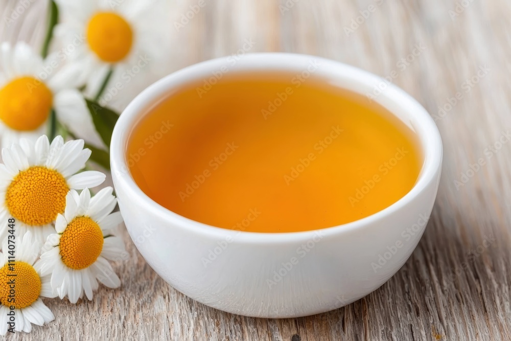 Chamomile tea brewing in white bowl with fresh flowers on rustic wooden table Chamomile tea brewing in white bowl with fresh flowers on rustic wooden table
