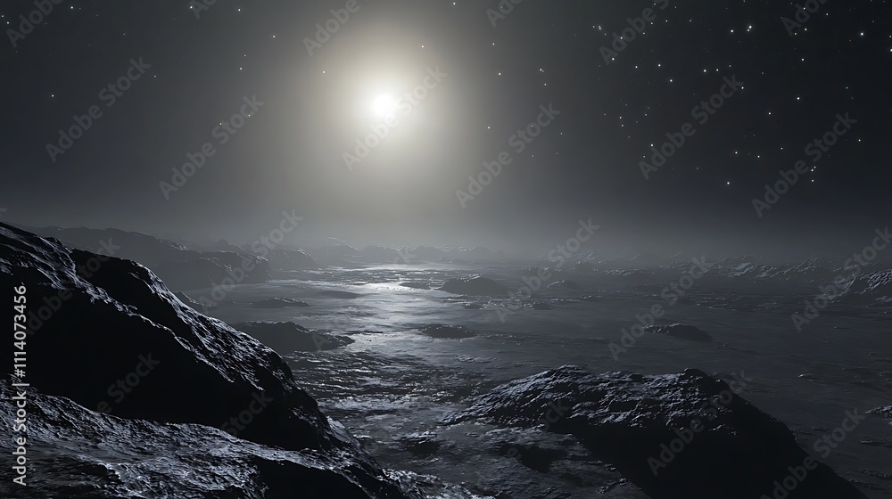A serene scene of a dwarf galaxy with faint stars and diffuse light A serene scene of a dwarf galaxy with faint stars and diffuse light