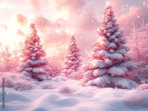 a whimsical, snow-covered landscape with Christmas trees adorned with red and silver ornaments. The background features a pink, cloud-like sky with snowflakes falling, creating a dreamy, festive photo