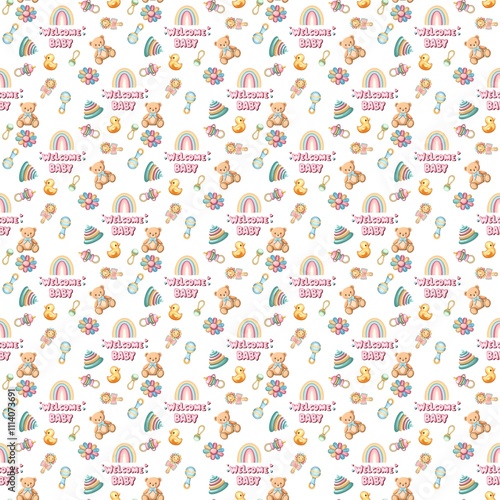 BabyShower Patterns: Flowers, balloons, butterflies, rainbow, clouds, toys, baby diapers and socks and other cute baby shower style designs for textiles, baby clothes and decor. 