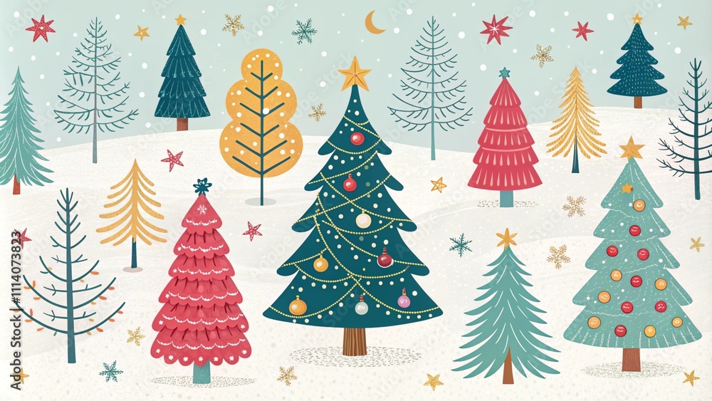 Festive modern Christmas tree pattern featuring colorful various trees decorated with stars and ornaments, set in a whimsical winter theme perfect for holiday greeting cards, banner, wrapping paper Festive modern Christmas tree pattern featuring colorful various trees decorated with stars and ornaments, set in a whimsical winter theme perfect for holiday greeting cards, banner, wrapping paper