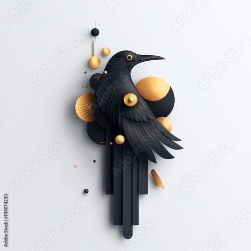 A stylized black bird with golden accents and abstract shapes on a white background, ideal for creative branding, art projects, or modern interior design themes, photo