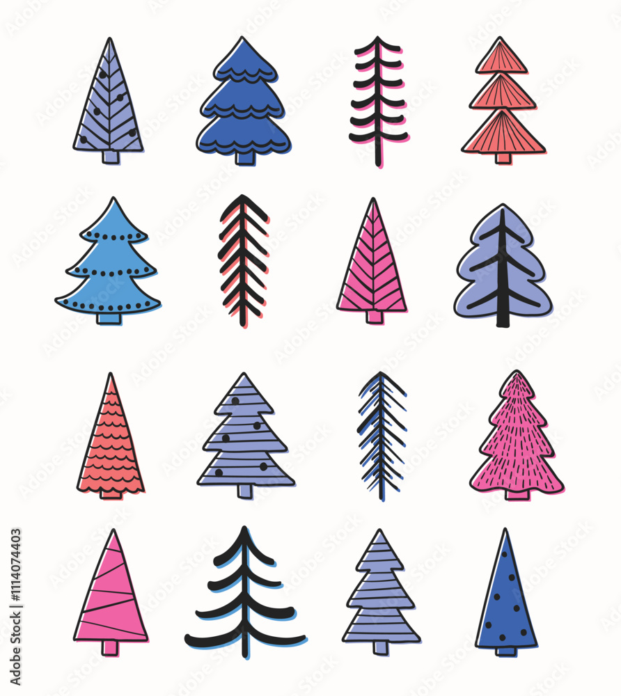 Hand drawn Christmas tree icon set. X-Mas decorations. Vector illustration Hand drawn Christmas tree icon set. X-Mas decorations. Vector illustration