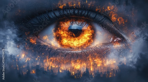 Burning city reflected in a woman's eye, apocalyptic vision.