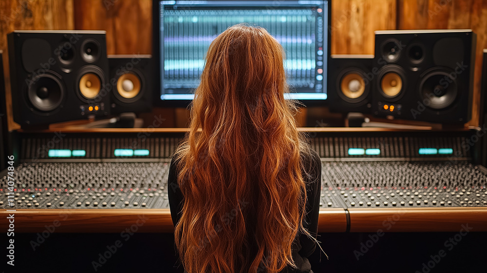 Woman works on sound mixing in a modern music studio with professional audio equipment and a large display screen. Generative AI Woman works on sound mixing in a modern music studio with professional audio equipment and a large display screen. Generative AI