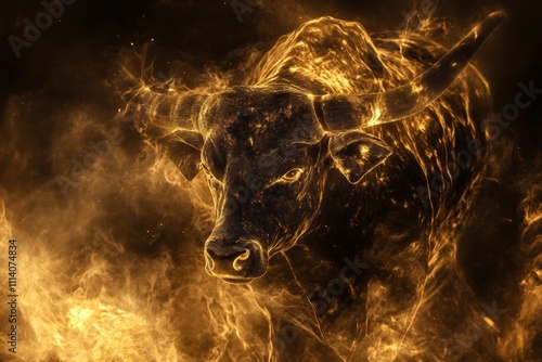 majestic golden bull symbolizing strong market growth amidst swirling financial charts and glowing stock indicators, representing bullish trends in investing. photo