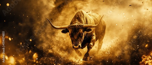 Majestic golden bull charging through fiery clouds, symbolizing a bullish stock market surge. Captures the essence of optimism in financial investments and growth. photo