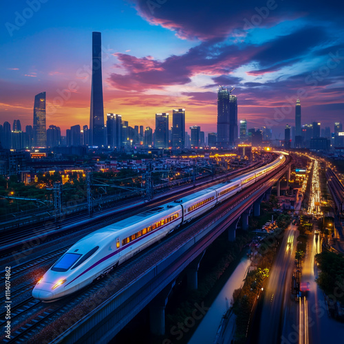 AI-generated image of a high-speed rail line, showcasing the most popular system, a choice for tourists exploring cities with modern trains and dynamic urban landscapes. #1114074862