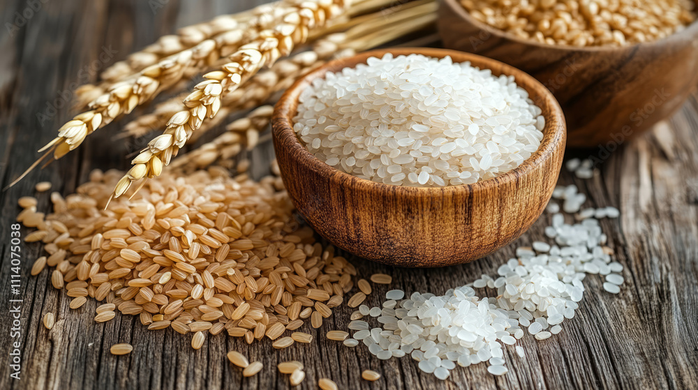 A bowl of rice and scattered rice grains on a wooden table, World Food Day A bowl of rice and scattered rice grains on a wooden table, World Food Day