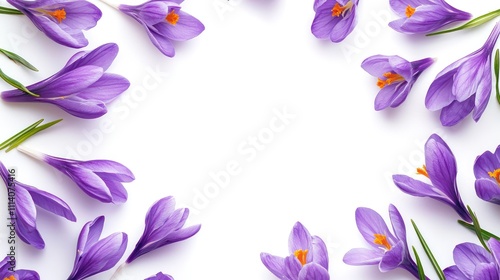 A white background adorned with a collection of purple flowers and space for text.