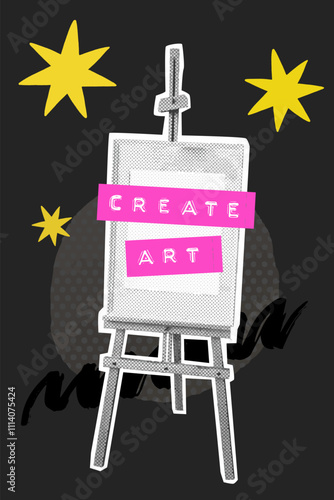 Painting easel, art collage poster, embossed typography create art. Modern workshop poster, bold pop graphics on black background