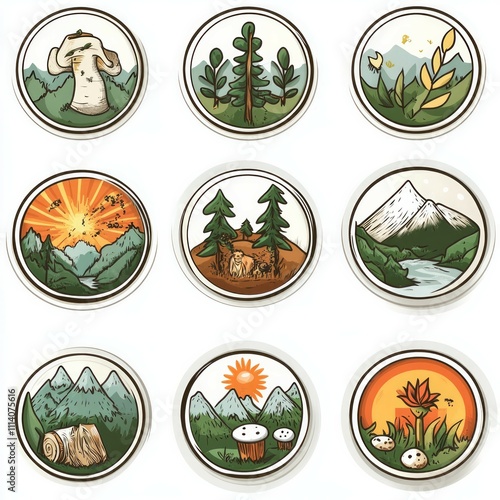 Scout badge collection stickers for kids, nature theme, clipart with white backgroun photo