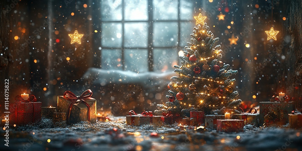 Festive Christmas tree adorned with lights and gifts in a cozy living room setting during winter Festive Christmas tree adorned with lights and gifts in a cozy living room setting during winter