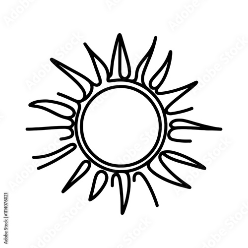 Linear sun icon. Black and white image of a hand-drawn sun. Vector illustration