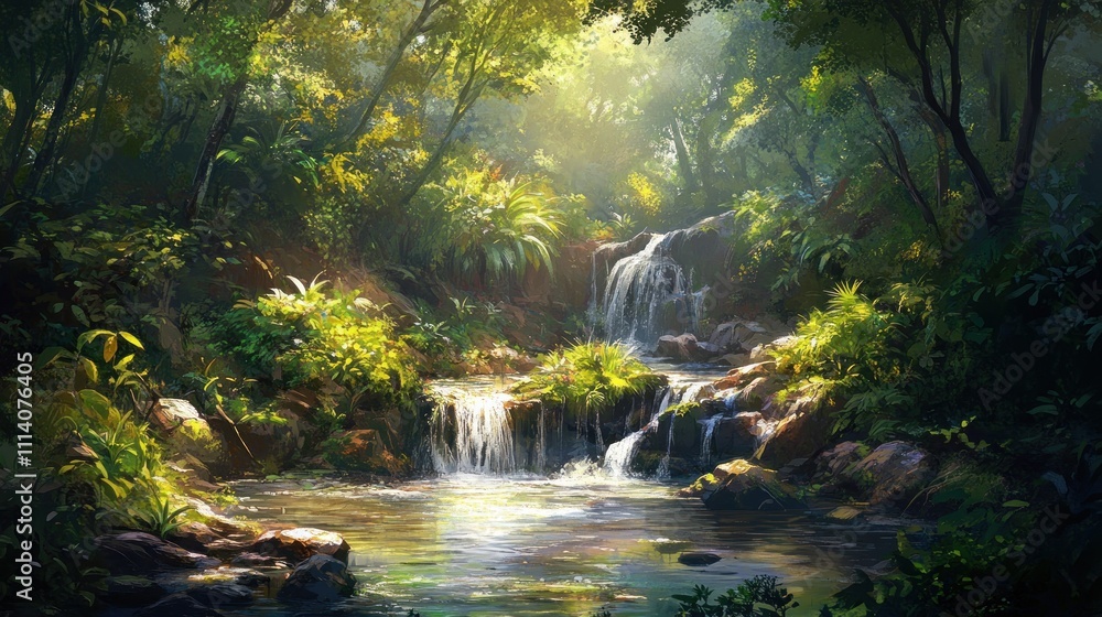 Sunlit Waterfall Cascading Through Lush Green Forest Sunlit Waterfall Cascading Through Lush Green Forest