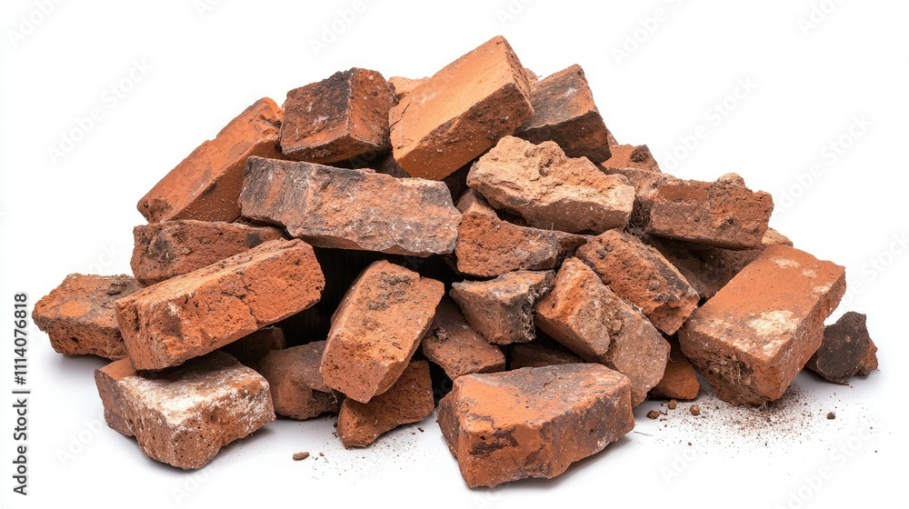 A rugged pile of bricks with uneven surfaces, dirt, and small cracks, arranged casually on a white background A rugged pile of bricks with uneven surfaces, dirt, and small cracks, arranged casually on a white background