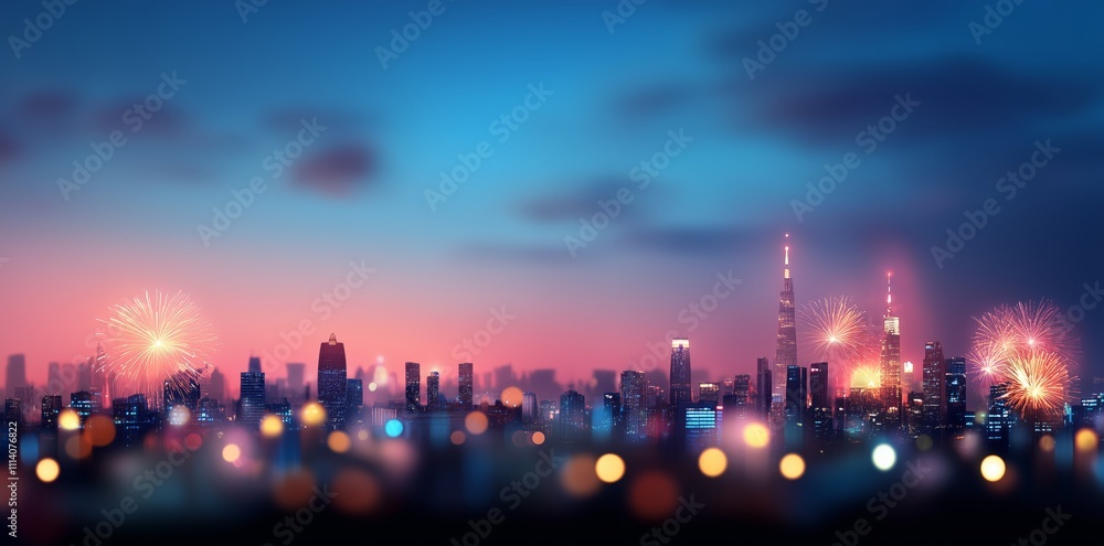 A dreamy New Year background featuring a blurred cityscape illuminated by fireworks, with an open sky above A dreamy New Year background featuring a blurred cityscape illuminated by fireworks, with an open sky above
