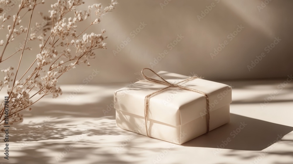 Tender natural handmade kraft paper gift box on light creamy background with shadows and herbs Tender natural handmade kraft paper gift box on light creamy background with shadows and herbs