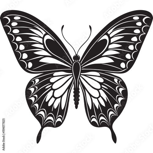 A black silhoutte butterfly linocut vector on a isoleted white background