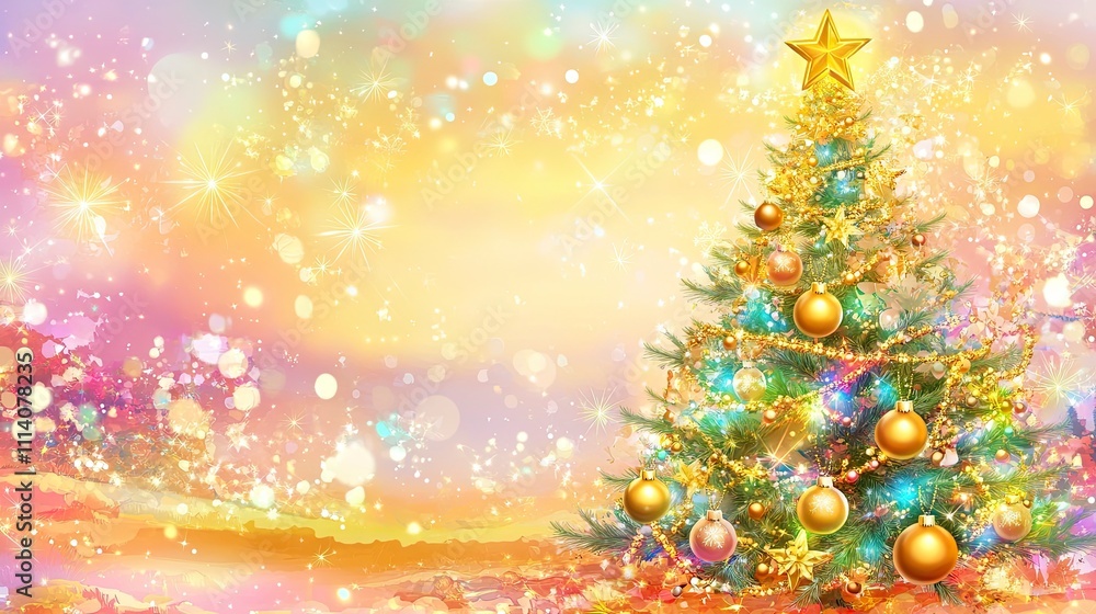 A cheerful, vibrant Christmas scene with a tree filled with gold ornaments and twinkling lights, set against a festive, bokeh-filled background. A cheerful, vibrant Christmas scene with a tree filled with gold ornaments and twinkling lights, set against a festive, bokeh-filled background.