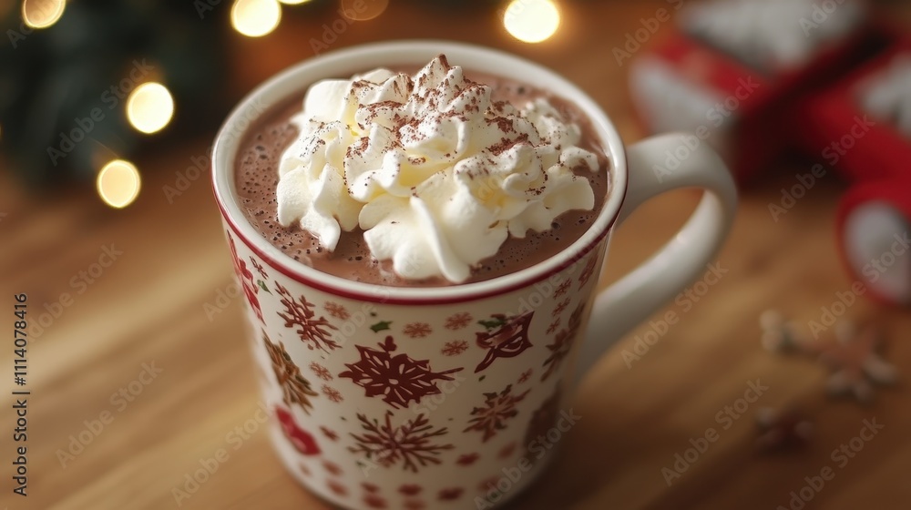 Delicious hot chocolate with whipped cream in a festive mug, perfect for winter holidays Delicious hot chocolate with whipped cream in a festive mug, perfect for winter holidays