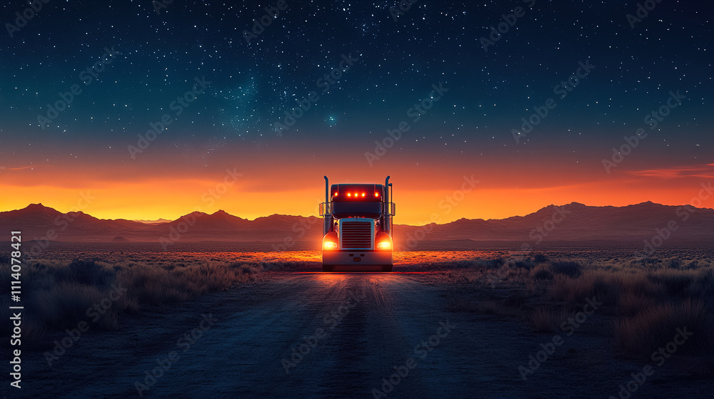 Trucker on an open road under a vibrant sunset with starry sky in the background. Generative AI Trucker on an open road under a vibrant sunset with starry sky in the background. Generative AI