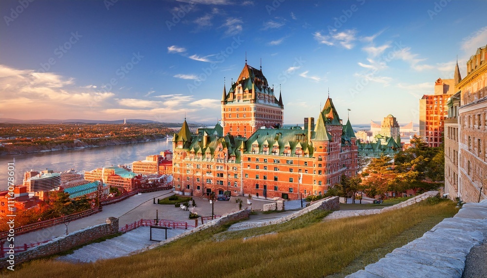 Obraz premium Golden Morning Light Illuminates Château Frontenac in Historic Old Quebec