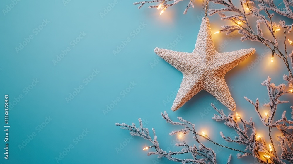 Star Christmas ornament with garland lights on blue background. Christmas and New Year celebration. Winter holiday decoration. Greeting card, banner with copy space Star Christmas ornament with garland lights on blue background. Christmas and New Year celebration. Winter holiday decoration. Greeting card, banner with copy space
