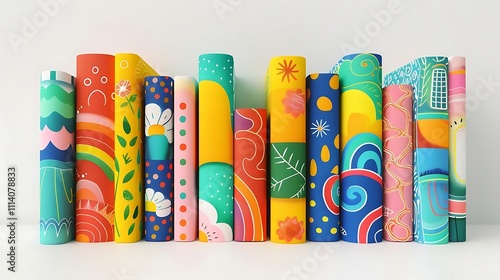 Colorful books with various patterns and designs on a shelf.