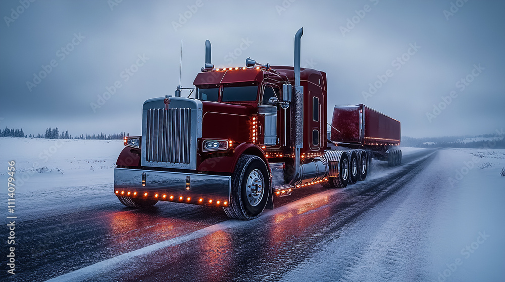 Heavy truck navigating snowy road at dusk with illuminated lights and trailer in a winter landscape. Generative AI Heavy truck navigating snowy road at dusk with illuminated lights and trailer in a winter landscape. Generative AI