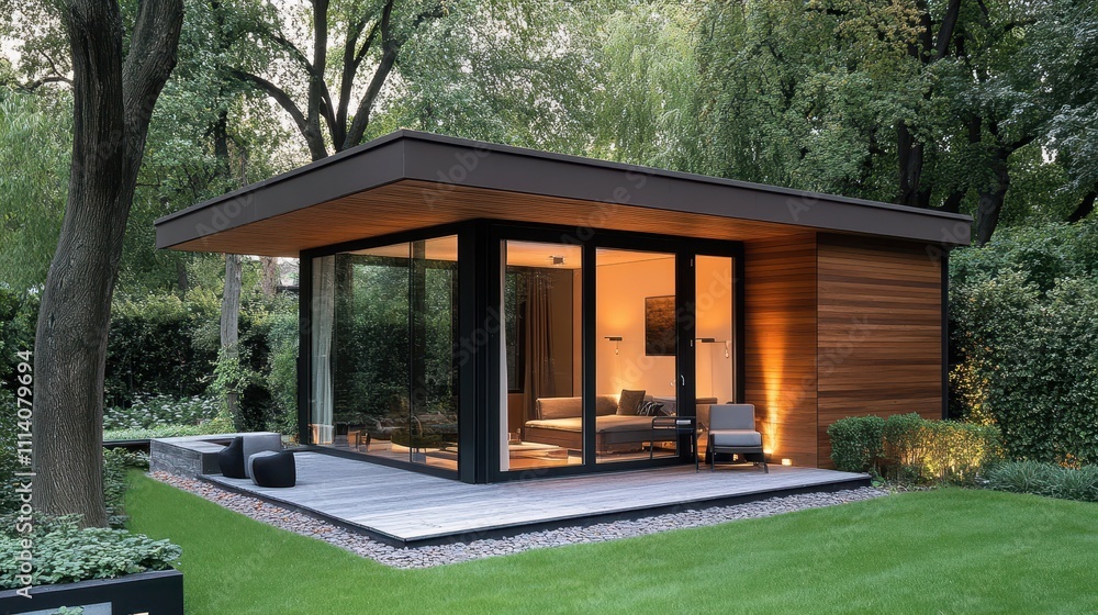 Small modern guest house with wood siding and a shed roof is nestled into a lush garden Small modern guest house with wood siding and a shed roof is nestled into a lush garden