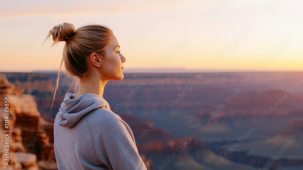 A serene woman enjoys a sunset view over a canyon, embodying tranquility and connection with nature. A serene woman enjoys a sunset view over a canyon, embodying tranquility and connection with nature.