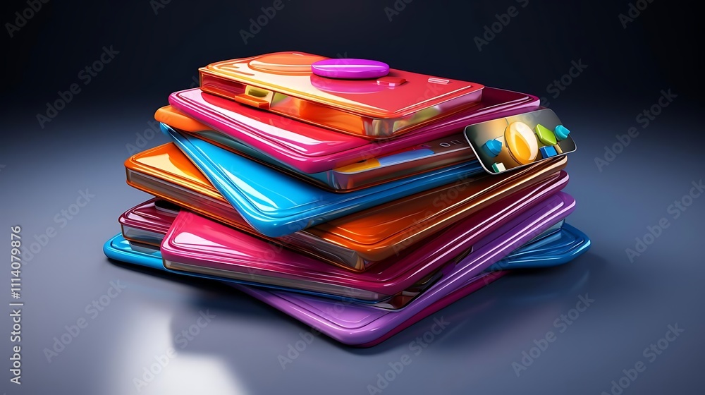Stack of colorful glossy tablets and pills on reflective surface. Stack of colorful glossy tablets and pills on reflective surface.