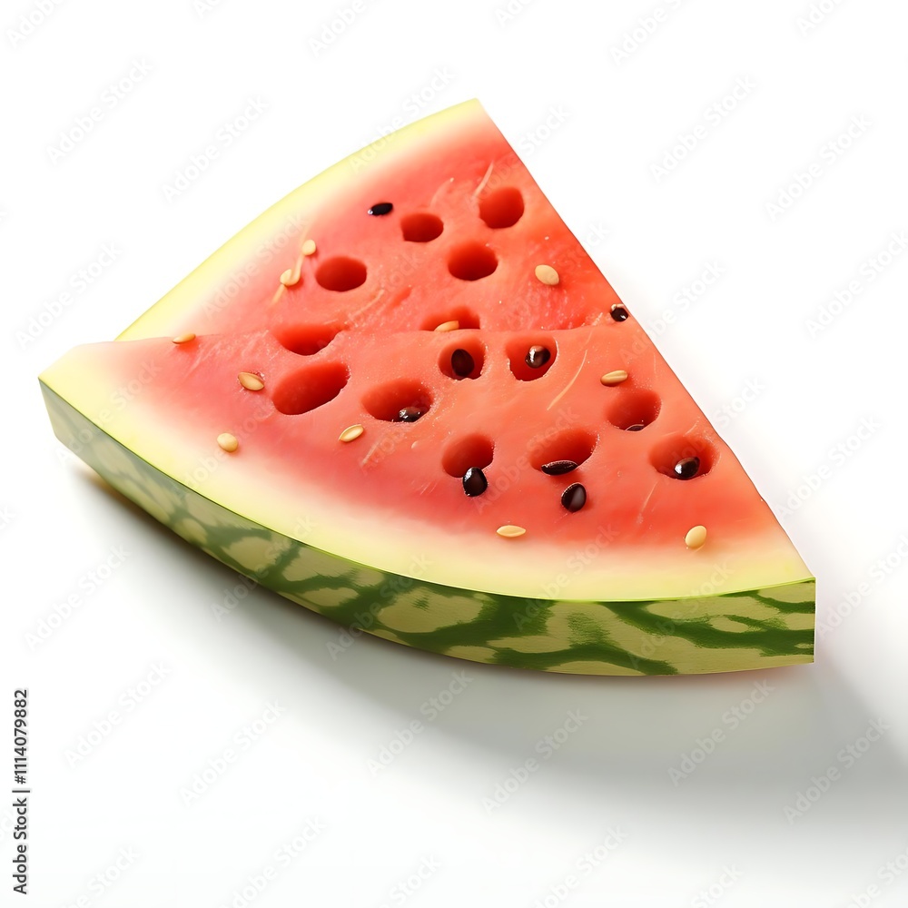 A juicy slice of watermelon with seeds, isolated on a white background.