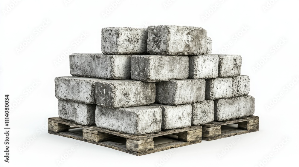 A sturdy pile of cement blocks resting on a pallet, sharp focus and isolated on white. A sturdy pile of cement blocks resting on a pallet, sharp focus and isolated on white.