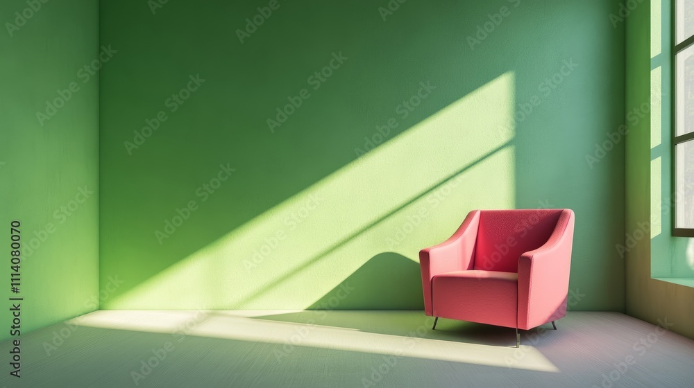 A modern empty room with vibrant green walls and a pink armchair in the corner, blending bold, complementary colors for a striking visual A modern empty room with vibrant green walls and a pink armchair in the corner, blending bold, complementary colors for a striking visual
