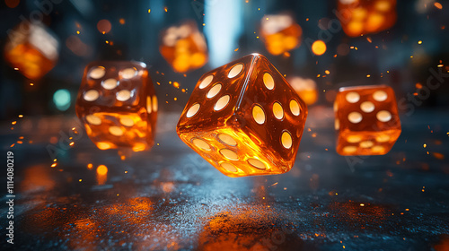 Floating orange dice surrounded by glowing particles in a dark urban environment. Generative AI