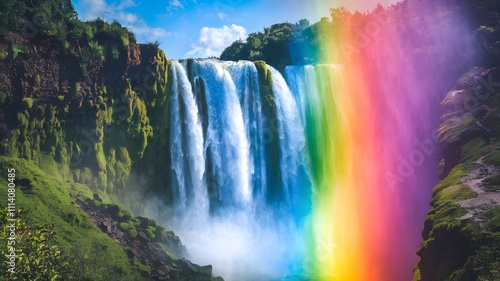Majestic waterfall cascading amidst vibrant greenery.