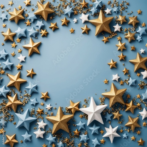 This festive Christmas frame is perfect for adding a touch of holiday cheer to your designs. Featuring golden stars of various sizes and evergreen branches, this image creates a magical and starry.