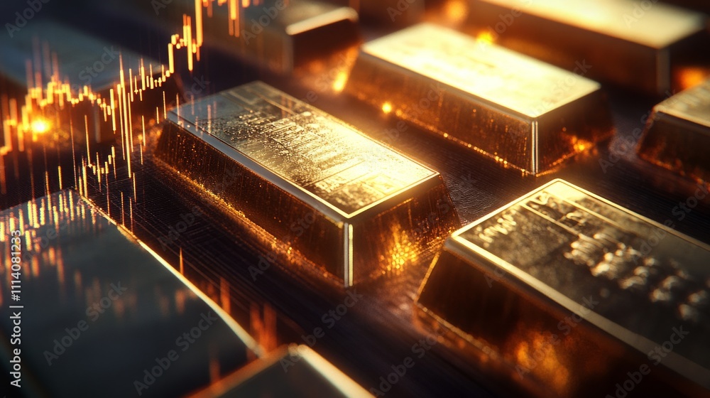 Gold bars with a financial graph background representing investment. Gold bars with a financial graph background representing investment.