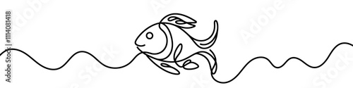 Minimalist vector illustration representing a fish swimming, drawn with a single unbroken line