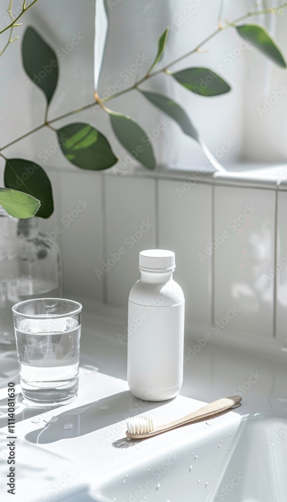 Minimalist Bathroom Scene with Wellness Essentials for a Calm Morning Routine Minimalist Bathroom Scene with Wellness Essentials for a Calm Morning Routine